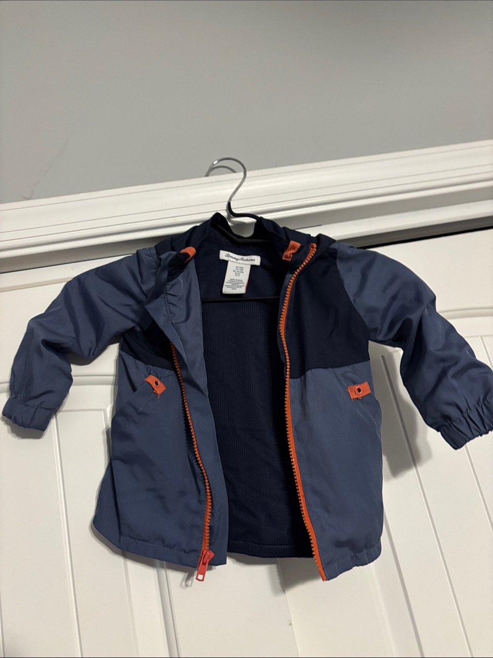 Tommy Bahama Kids Navy and Steel Blue Colorblock Raincoat with Orange Trim